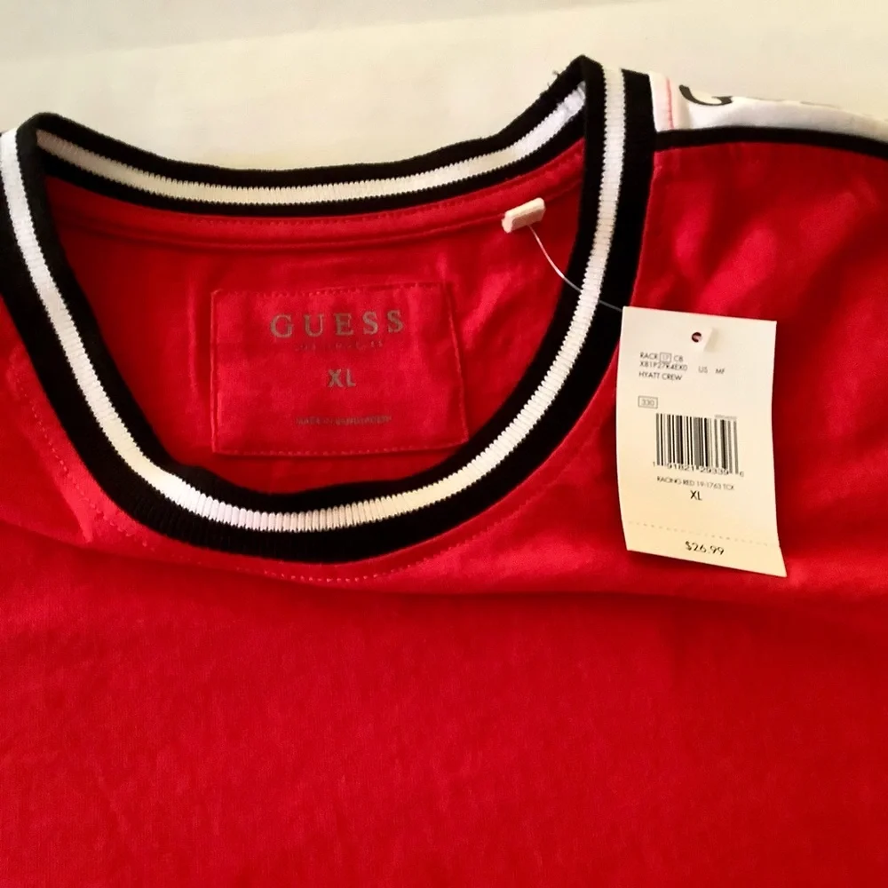 GUESS Red T-shirt with embroidered logo trim on sleeves Y2K Size XL NWT - Picture 2 of 3